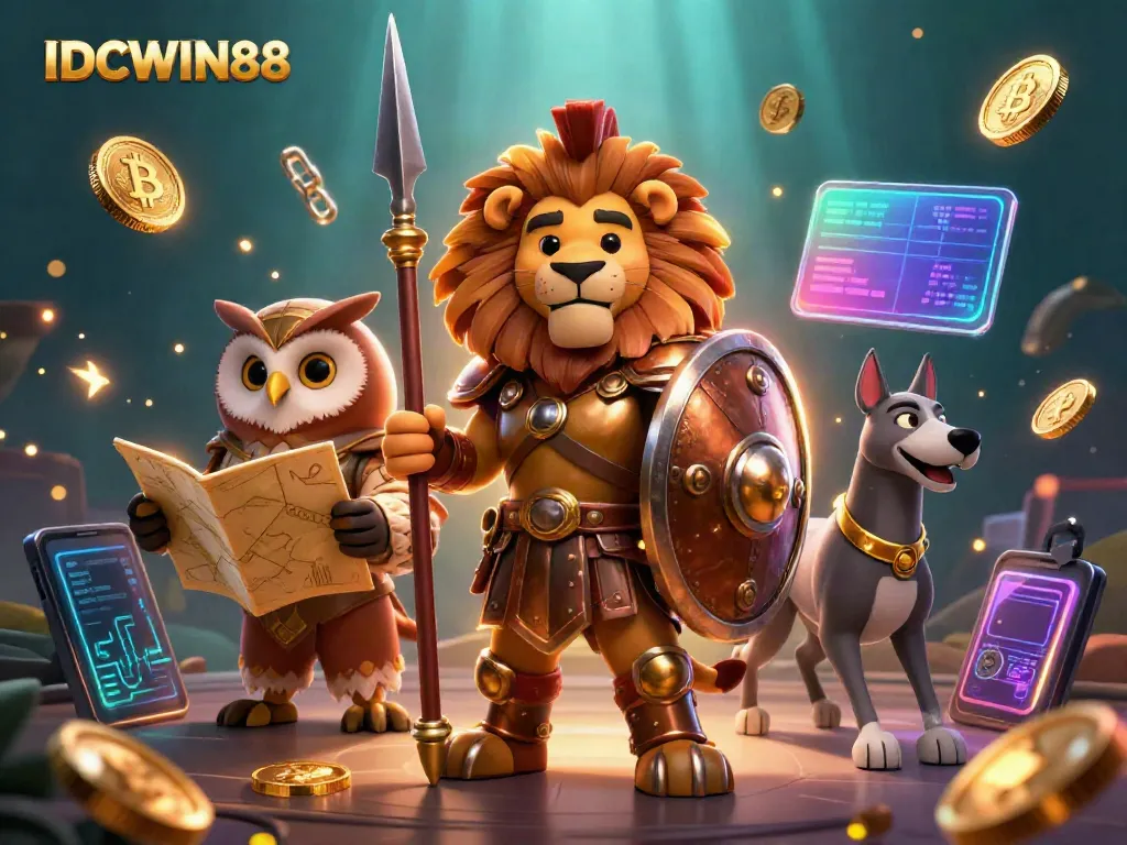 Engage in thrilling adventures with IDCWIN88 featuring 3D Spartan lion, tactical owl, and swift greyhound amidst glowing cryptocurrency elements.