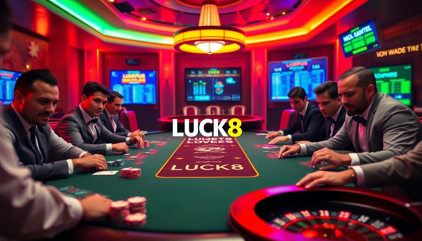 Players engaged in high-stakes poker at LUCK8 branded table, showcasing excitement and luxury in the casino.