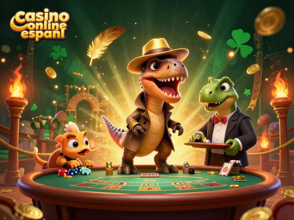 Jugando en un casino online español con un velociraptor en blackjack, ambiente lleno de emoción y detalles coloridos.