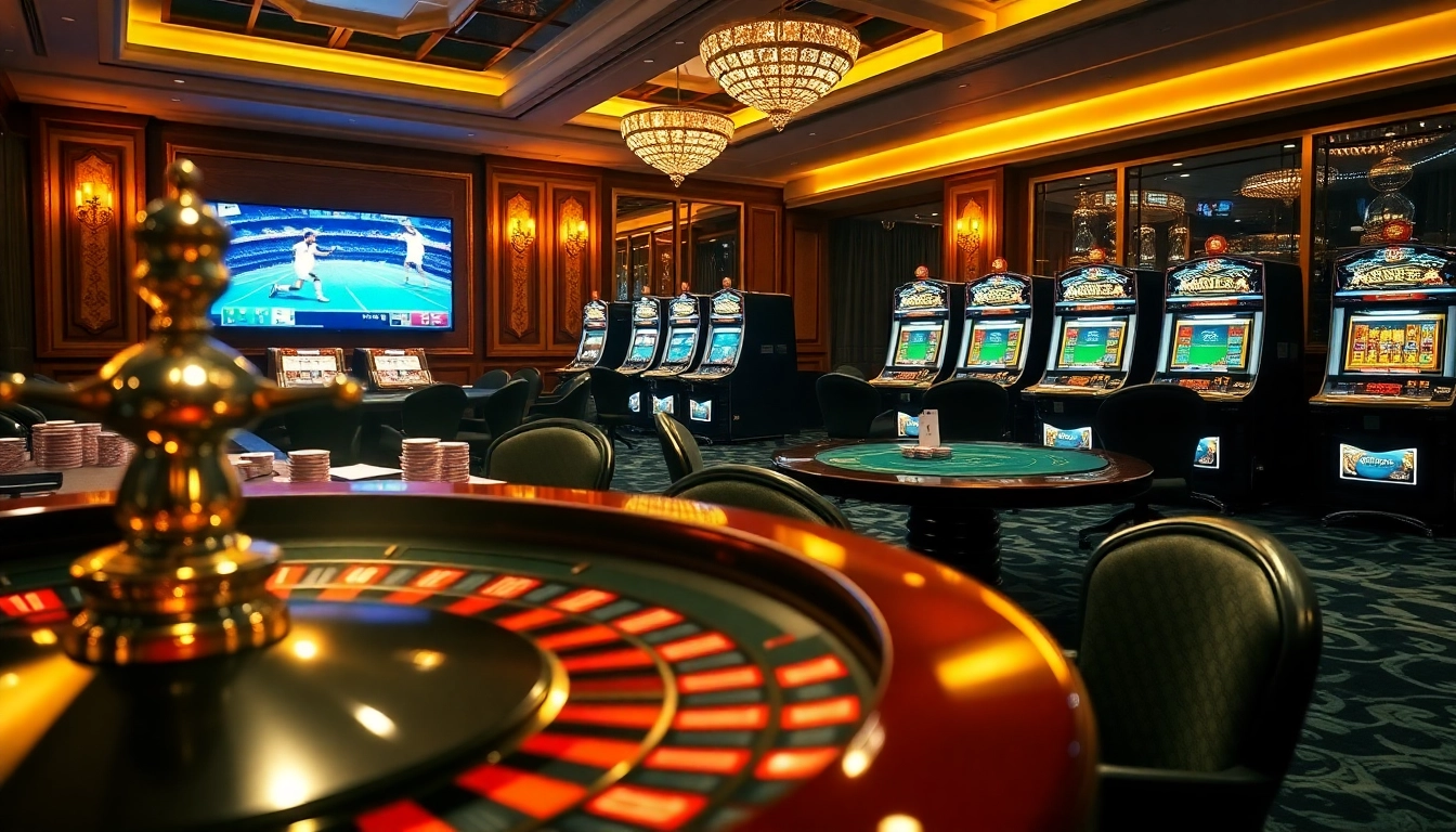 Cà khịa tv showcases a lively casino atmosphere with poker tables, slot machines, and a roulette wheel.