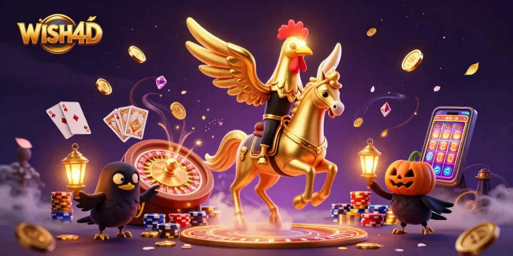 Spin the reels with WISH4D alongside a golden rooster in an enchanting casino scene.