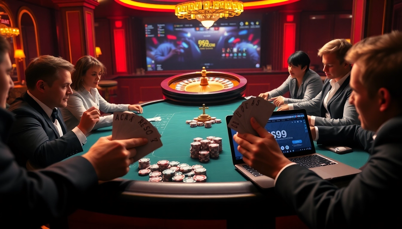 Players engaged in a high-stakes poker game at a luxurious casino featuring PS99COM elements.