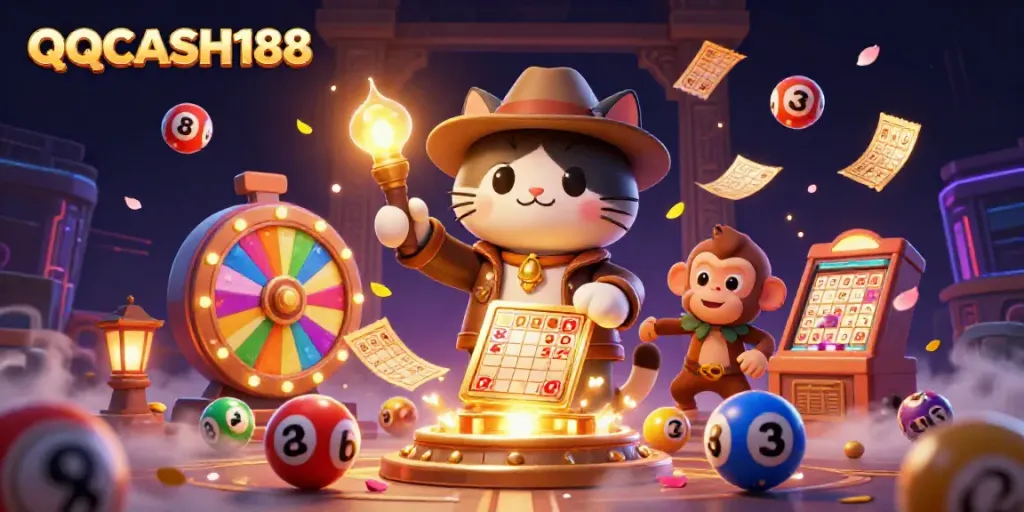 Engage with QQCASH188 as a cartoon explorer cat discovers treasures in a vibrant casino-themed temple.