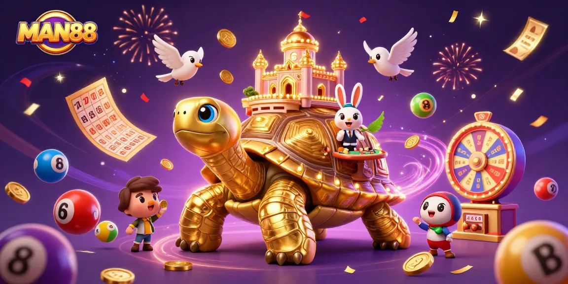Experience exciting gameplay at MAN88, featuring a golden tortoise casino and festive lottery elements.