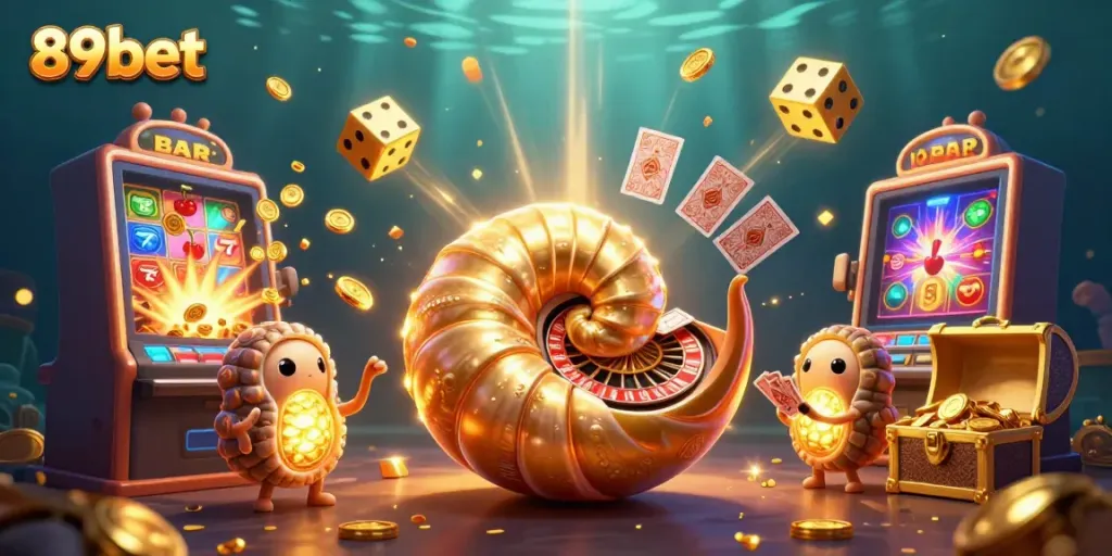 Experience the thrill of 89bet with an ancient nautilus as a roulette wheel, surrounded by dynamic casino elements.