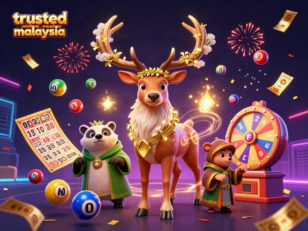 Engage with the trusted online casino malaysia, where a druid stag and badger celebrate winning games amid a vibrant casino scene.