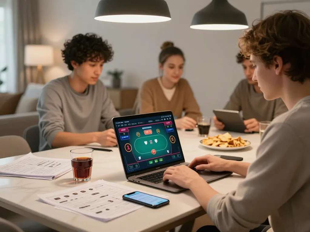 Engaged player on Trang chủ gk88 enjoying online poker, surrounded by strategy notes and snacks.