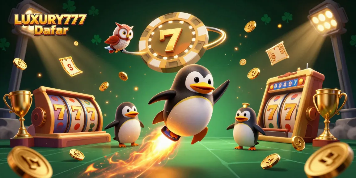 Mengakses LUXURY777 Daftar dengan penguin emas luar angkasa yang diiringi elemen permainan kasino.