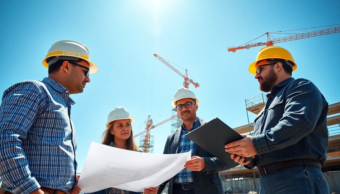 New Jersey Commercial General Contractor team collaborating at a construction site with blueprints and equipment.