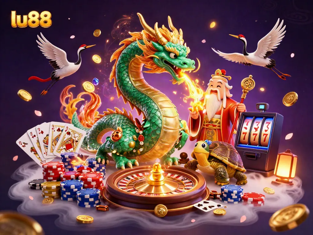 Experience thrilling gameplay at lu88 with a majestic dragon and lucky symbols surrounding casino action.