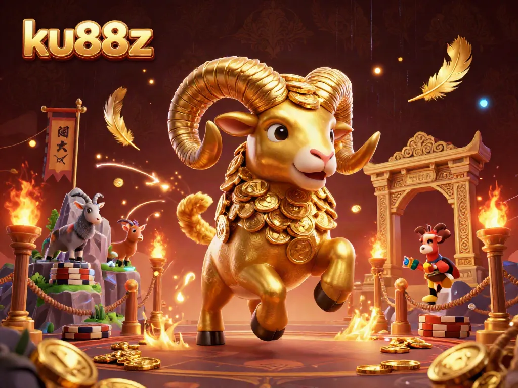 Experience the excitement of ku88z with a dynamic scene of a golden ram charging, surrounded by vibrant casino elements.