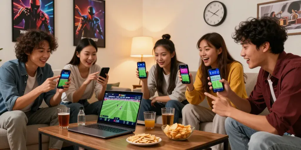 Excited group placing bets on FABET in a lively living room atmosphere.