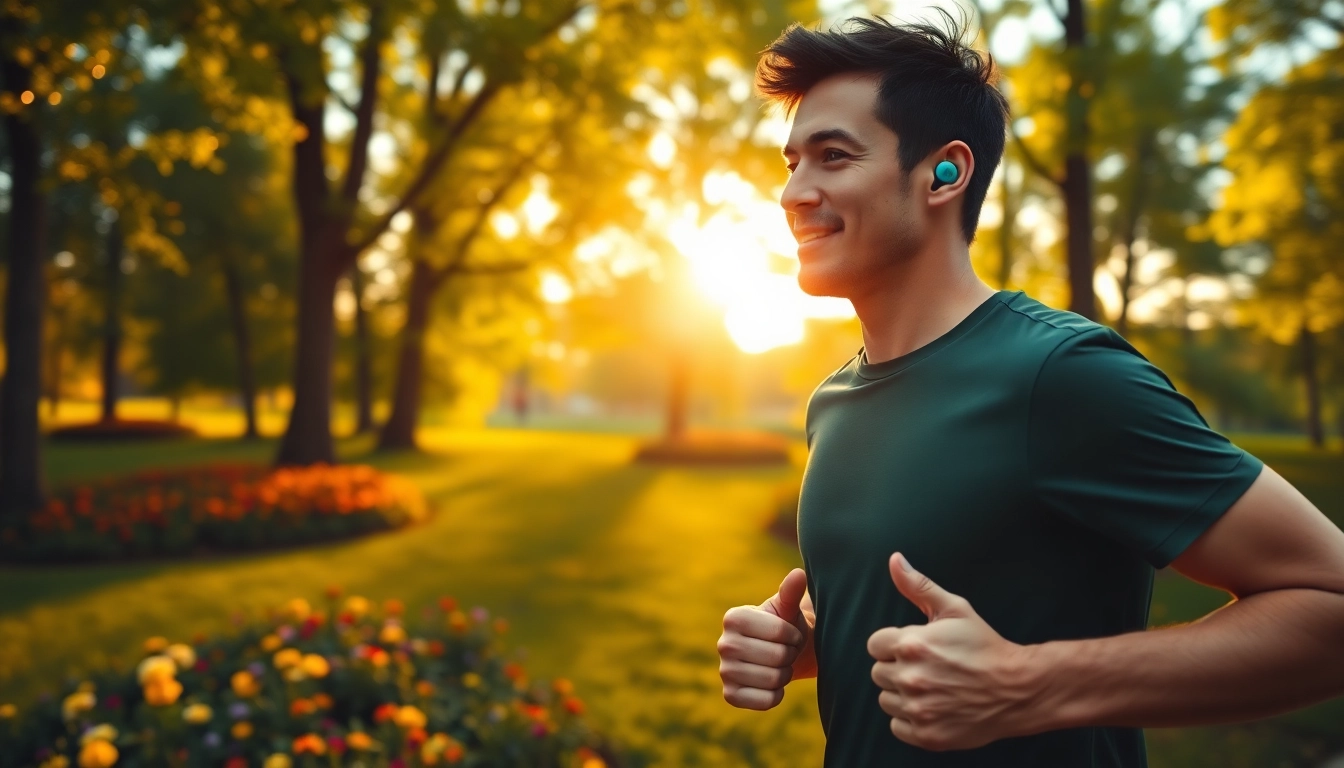 Runner enjoying music through Shokz headphones in a sunny park environment.