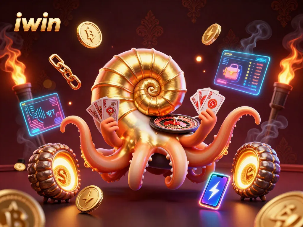 Spin the roulette wheel with iwin's vibrant 3D gambling universe filled with glowing crypto elements.