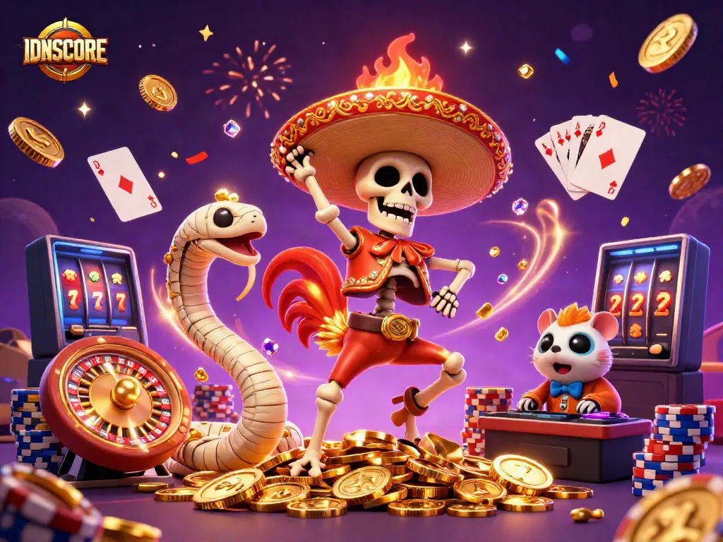 Experience excitement at IDNSCORE with 3D characters celebrating around golden coins and casino elements.