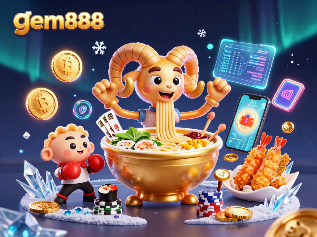 Experience gem888's vibrant casino world with cartoon ramen characters and crypto-themed elements.