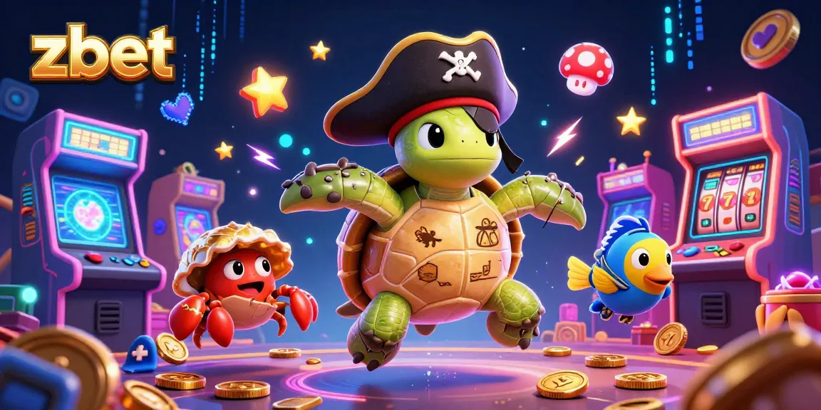 Zbet pirate turtle and friends celebrate wins above treasure in a vibrant online gaming scene.