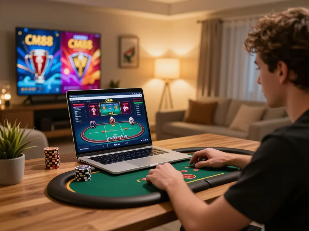 Engaging in online gaming at CM88 casino, player focused on laptop, cozy home setup.