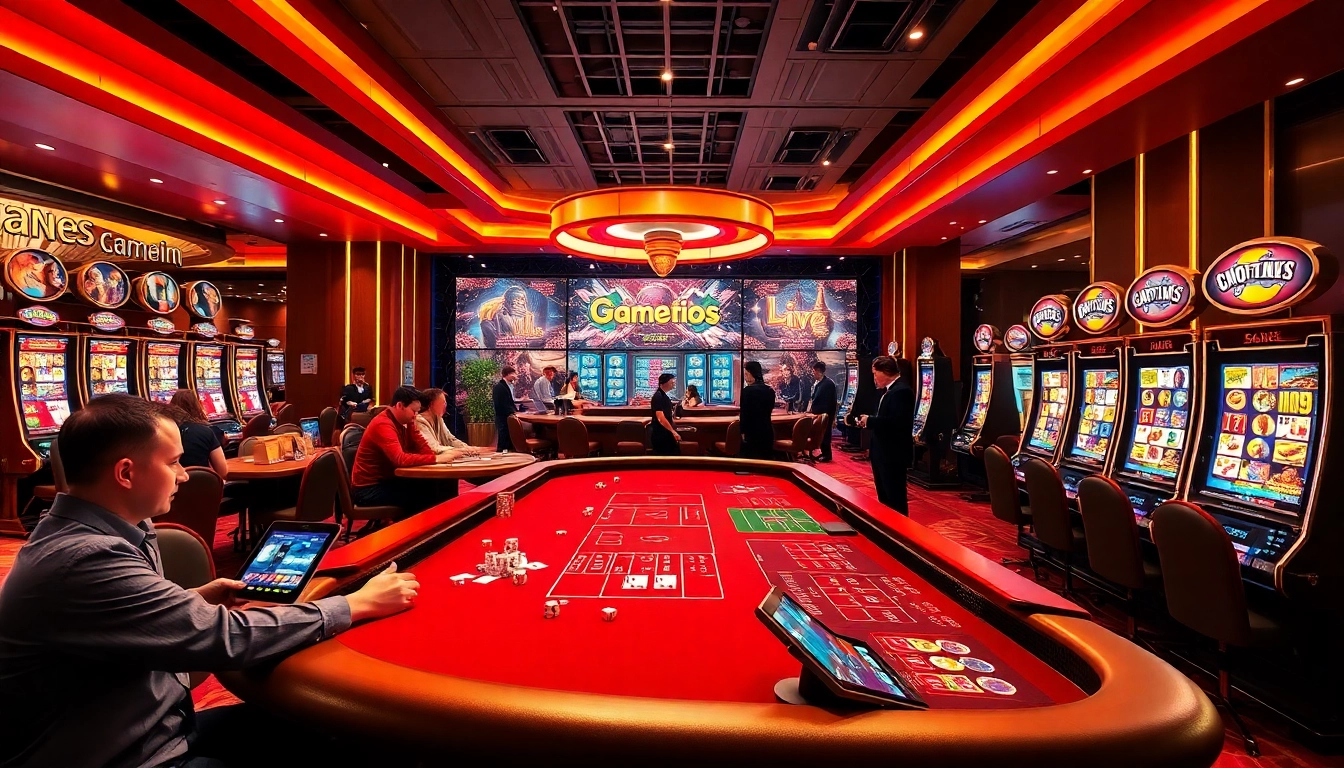 Players enjoying thrilling game u888 action at a lively casino, engaging with poker chips and slot machines.