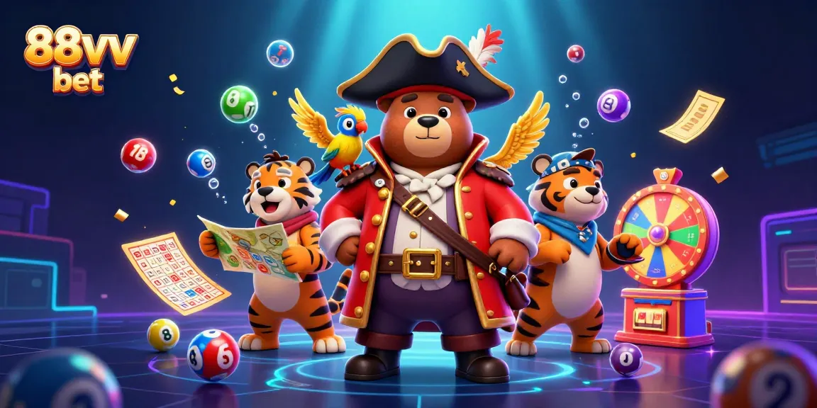 Engage in vibrant fun with 88vv bet's colorful lottery scene featuring dynamic characters and exciting gambling elements.