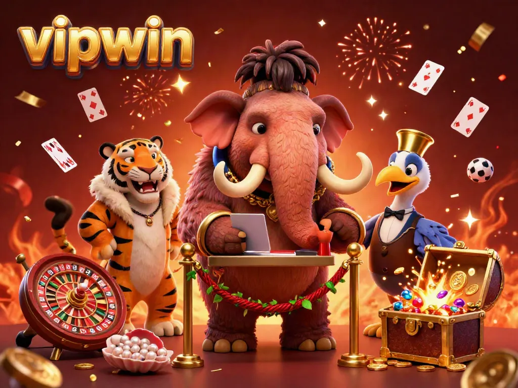 Experience the vibrant VIP casino scene at vipwin with a woolly mammoth bouncer, saber-tooth guest, and dynamic game elements.
