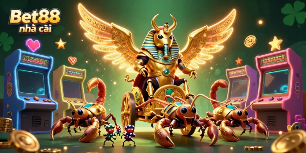 Engage with Bet88 nhà cái, featuring a majestic scarab and scorpions in a vibrant casino-themed illustration.