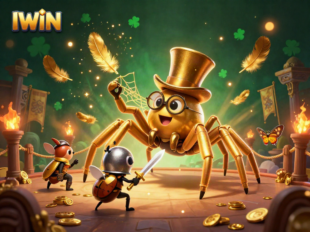 IWIN enchants players with a golden tarantula and beetle knight in an energetic casino scene.