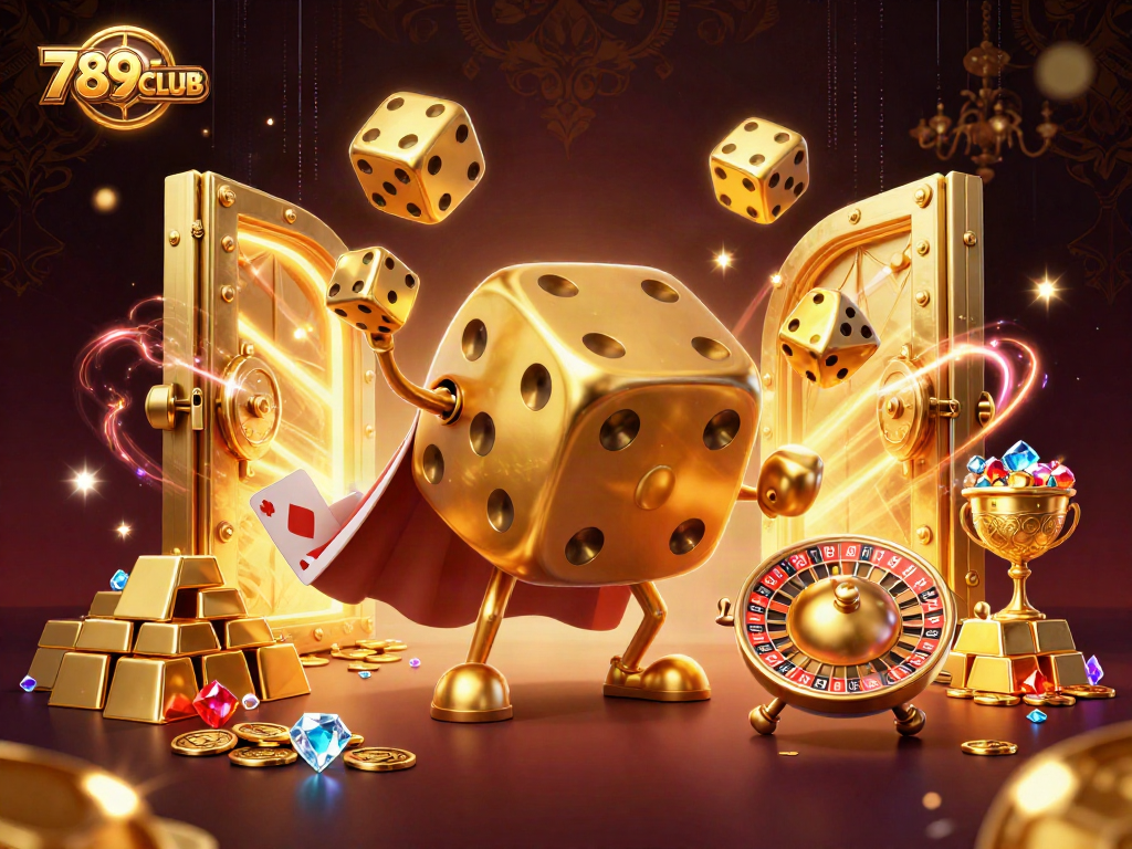 Engage with 789CLUB as a golden dice golem performs in a vibrant casino world.