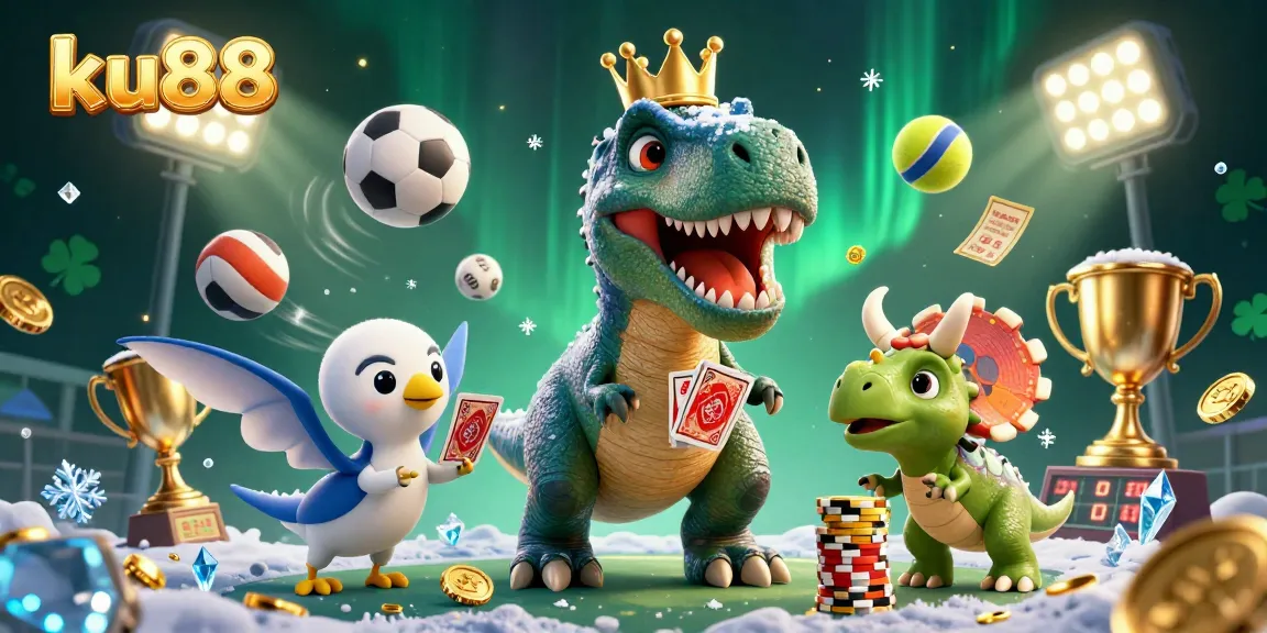 Bet on ku88 with lucky T-Rex shuffling cards and friends stacking chips in vibrant casino scene.
