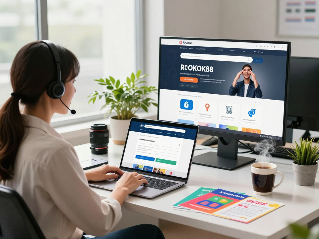 Customer support representative assisting users with rokok88 services in a bright modern office.