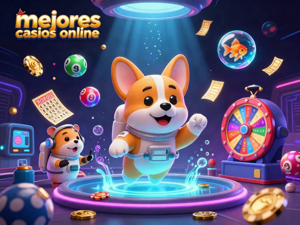 Disfruta de los mejores casinos online con esta ilustración vibrante de un corgi y sus amigos en un casino espacial.