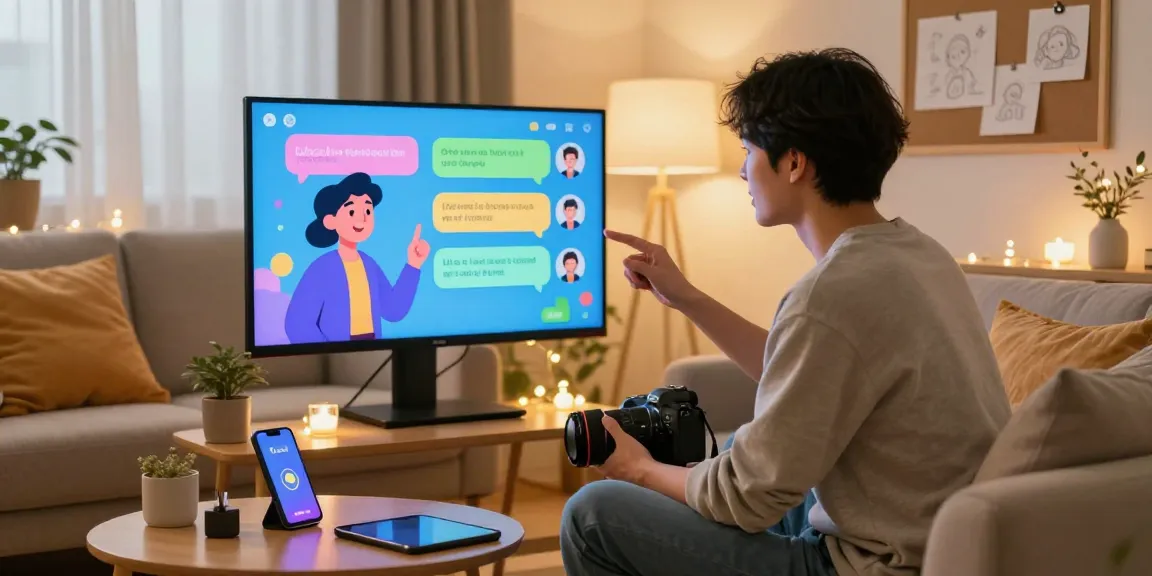 Engaging character AI NSFW chat scene with user interacting on screen in cozy environment