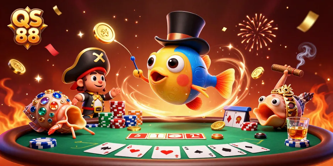 Experience QS 88 with a festive casino scene featuring magical sea creatures and vibrant poker elements.