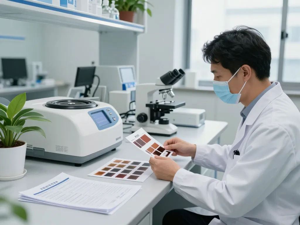 Healthcare professional analyzing MB66 film in a modern research lab setting.