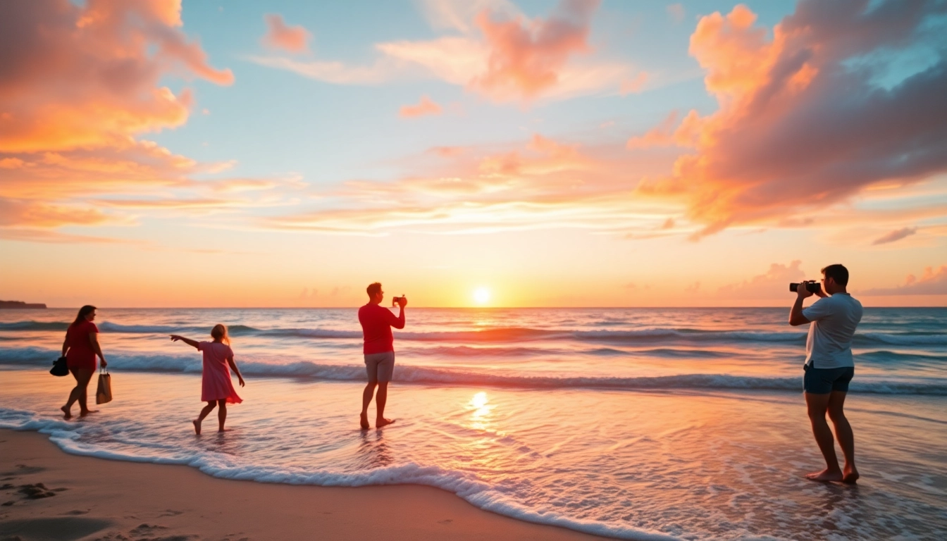 Dynamic scene of a destination photographer capturing a couple at sunset, highlighting Romantic aspects.