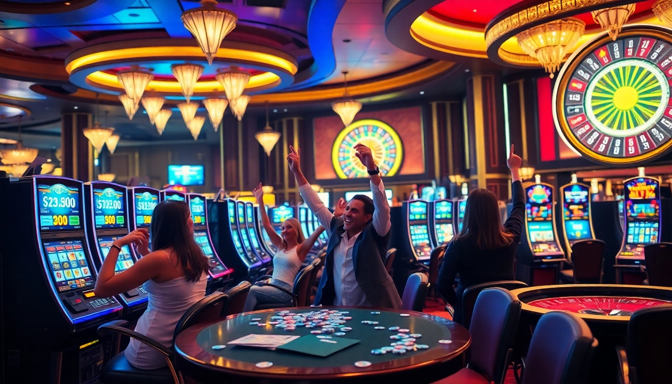 Excited players enjoy their wins at idnslot gaming machines in a vibrant casino atmosphere.