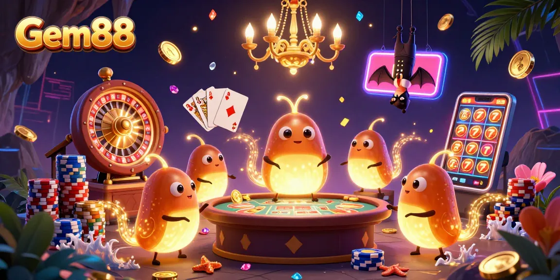 Joyfully celebrate winning at Gem88 casino with vibrant glowworms illuminating games