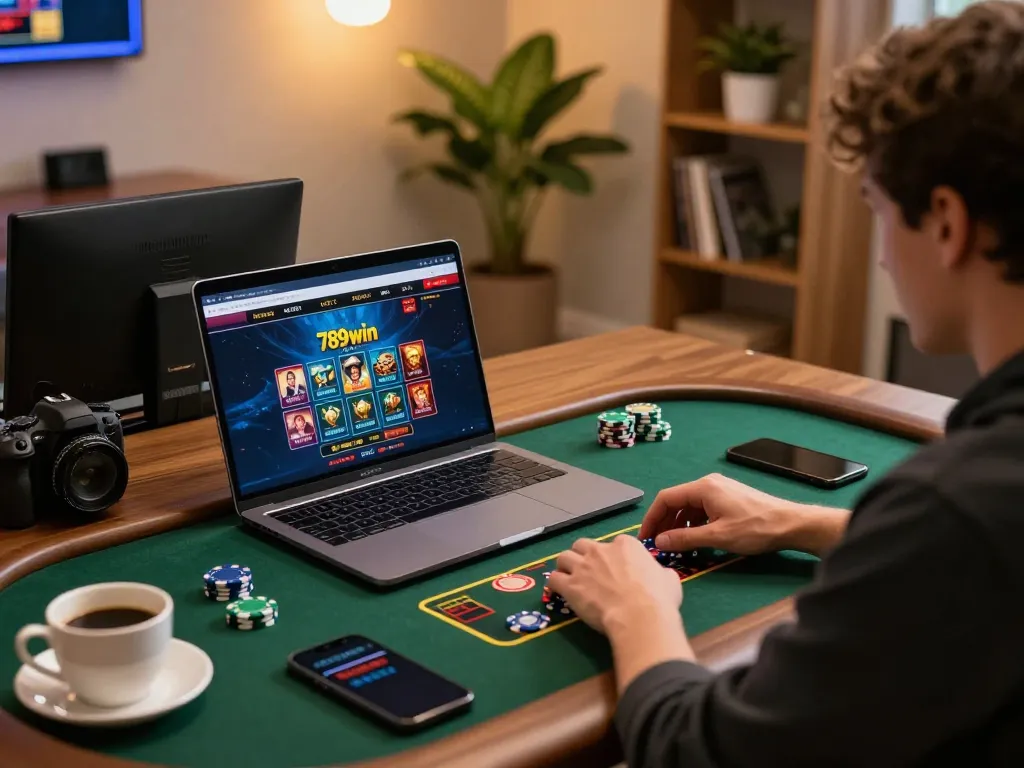 Engaging gameplay on 789win casino website displayed on laptop during cozy home gaming session.