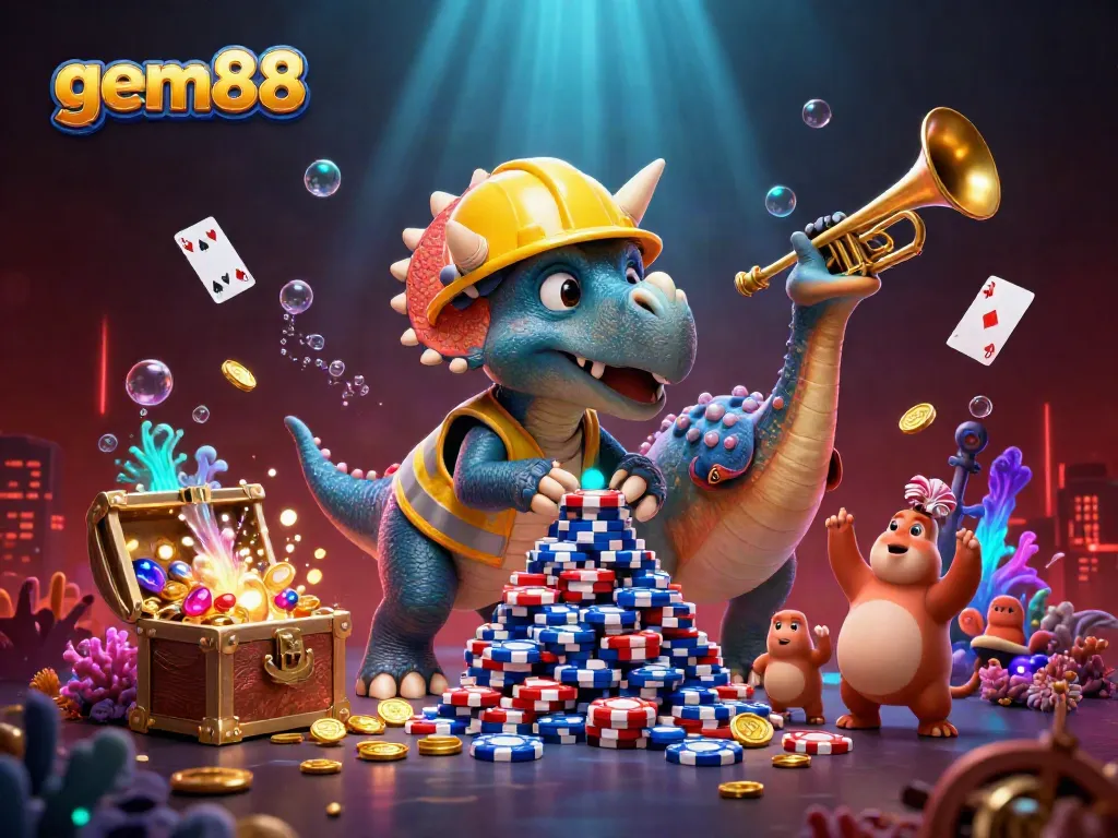 Experience gem88's gaming excitement with colorful underwater elements, poker chips, and cheerful dinosaurs.