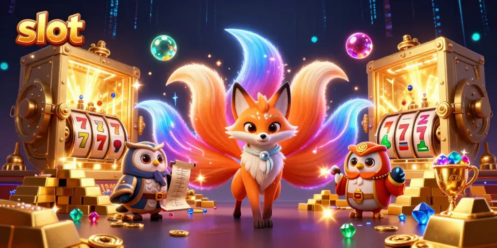 Experience thrilling slot gameplay with charming characters in a vibrant casino atmosphere.