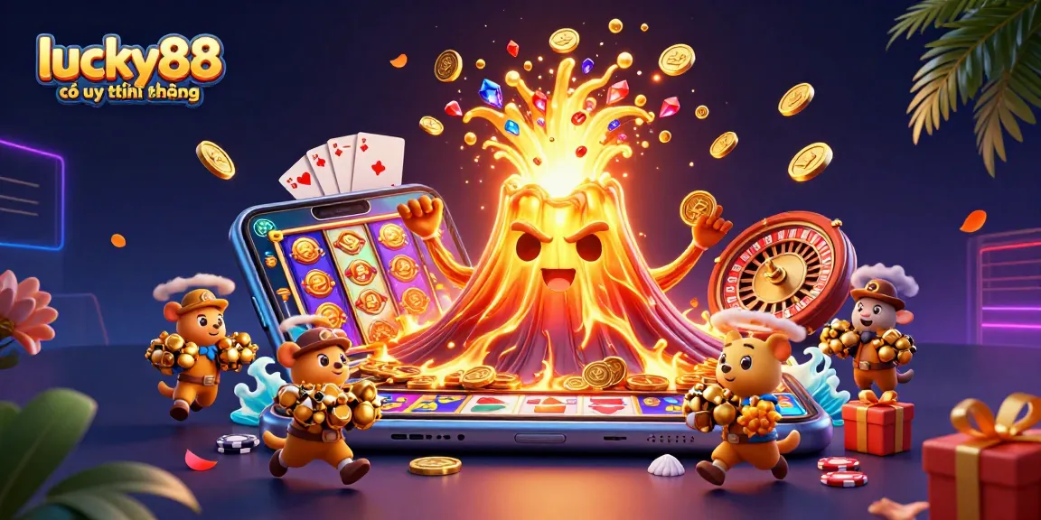 Engage in unparalleled gameplay with lucky88 có uy tín không, featuring a vibrant 3D volcano of treasure and exciting casino elements.
