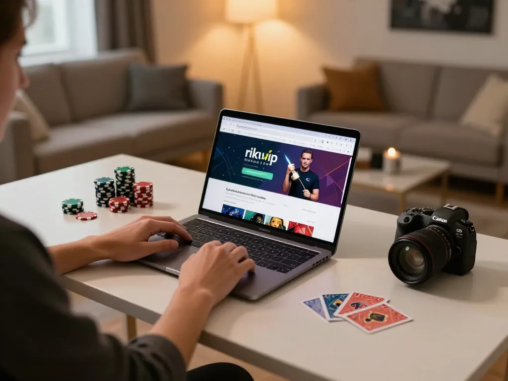 Player engaging with rikvip online casino on a laptop in a cozy home setting, showcasing responsible gaming.