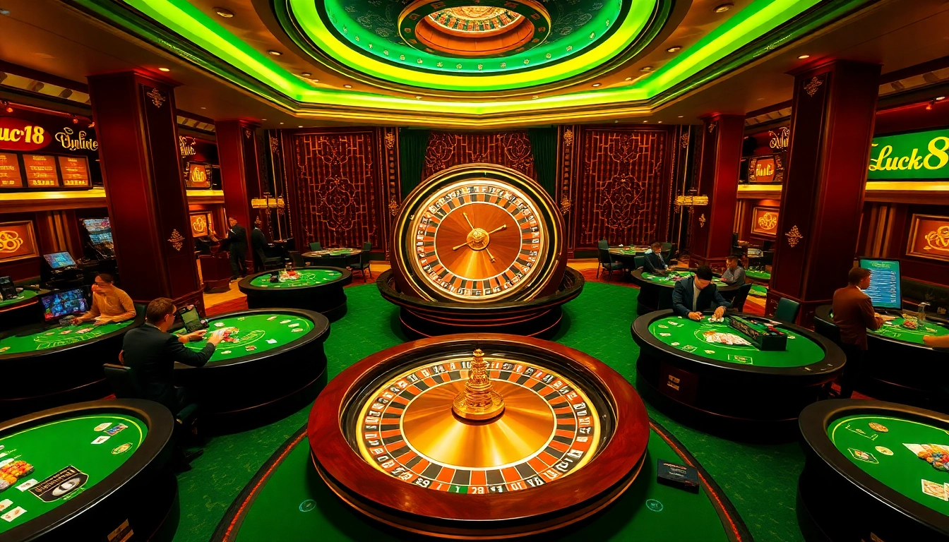 Engaging gamblers at Luck 8 with vibrant casino action featuring roulette and poker tables.