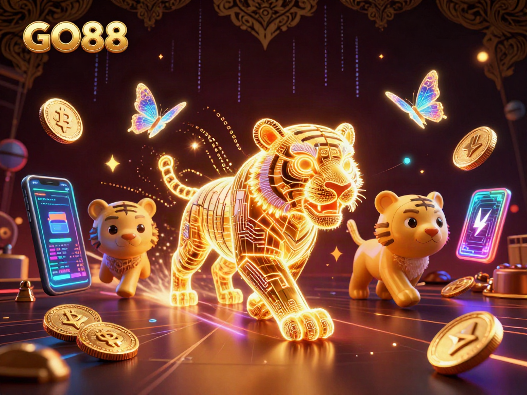 Experience the thrill of GO88 with a vibrant casino world showcasing a neon-tiger and crypto elements.