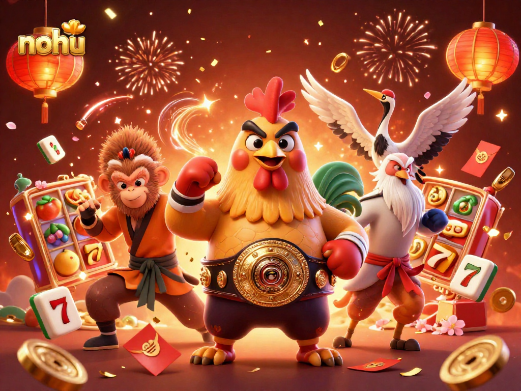 Nohu players spinning jackpot reels with Muay Thai rooster and Shaolin monkey in a vibrant celebration atmosphere.