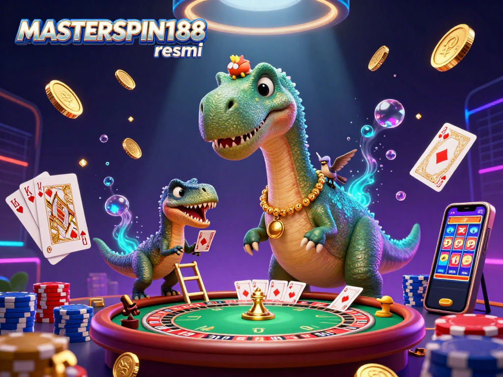 Engage with the vibrant scene of MASTERSPIN188 resmi featuring a giant brontosaurus and a clever raptor at a lively poker table.