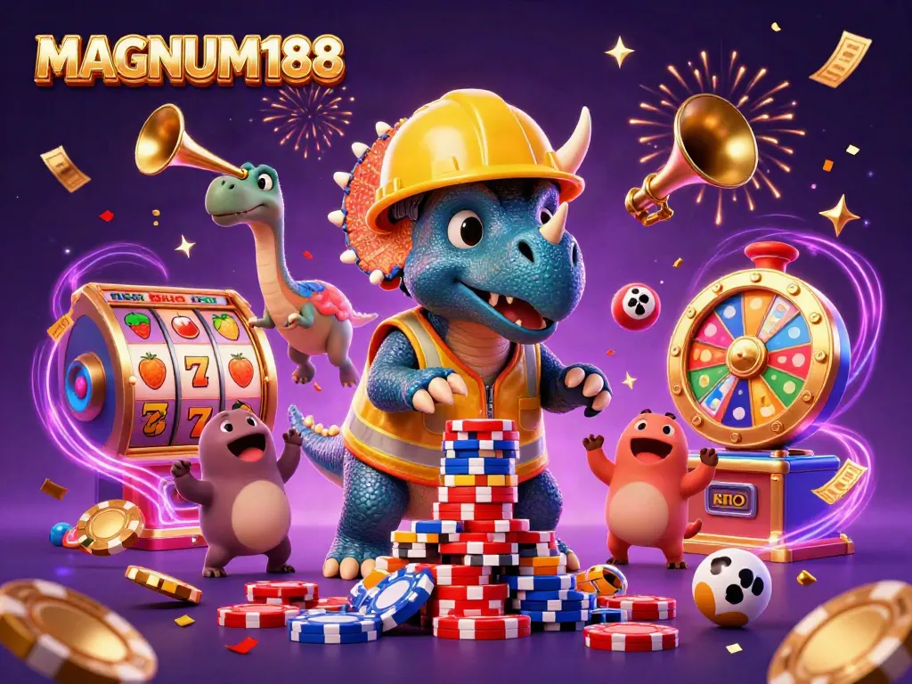 Experience MAGNUM188's thrilling casino atmosphere with celebratory characters and vibrant game elements.
