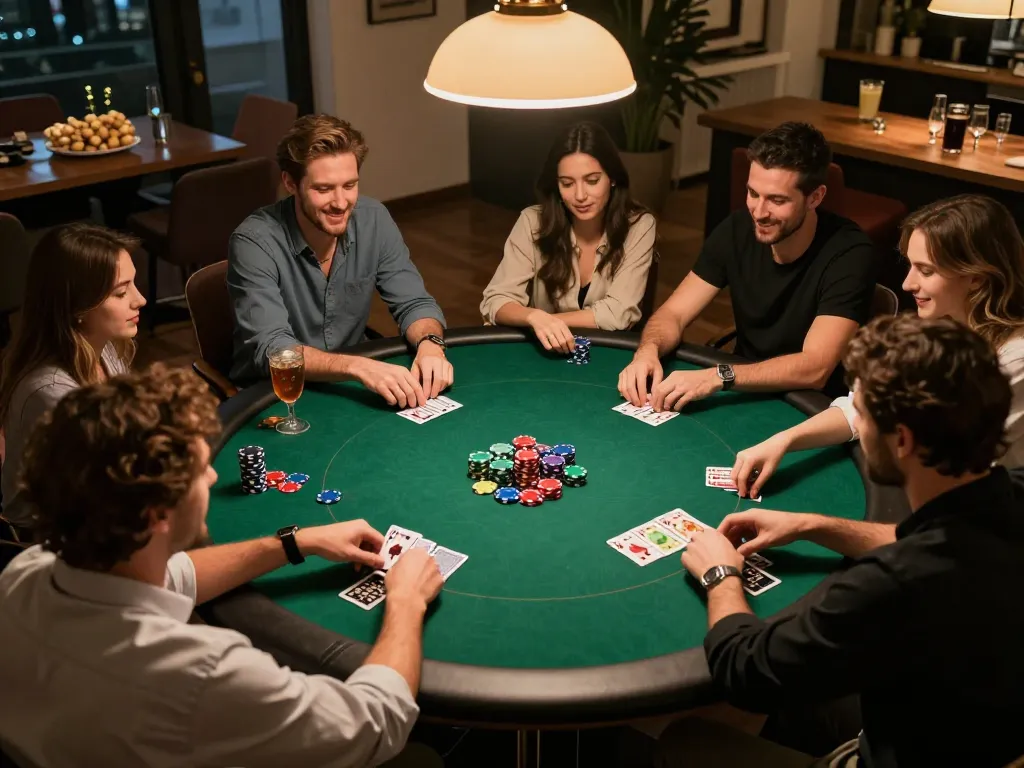 77WIN poker night scene with friends engaged in a friendly game around a green felt table.