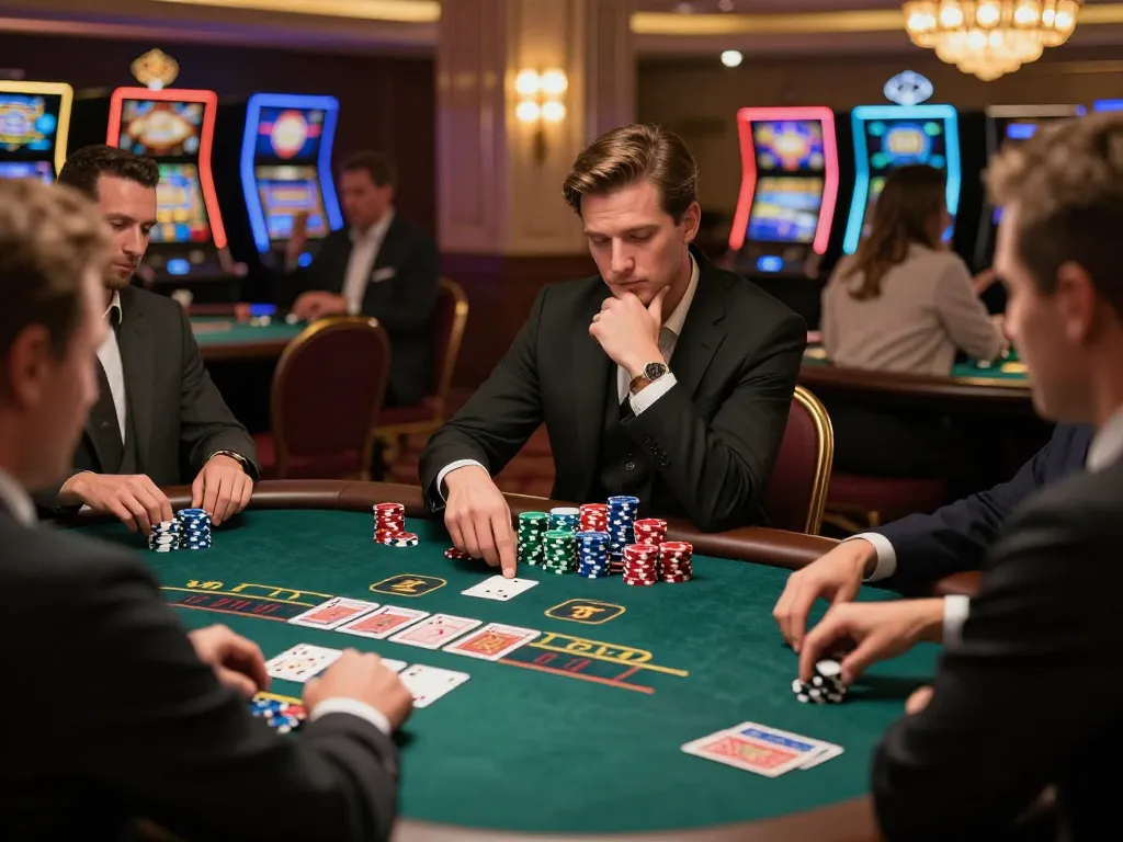 Play blackjack at 789 casino table with players strategizing bets and focused on cards