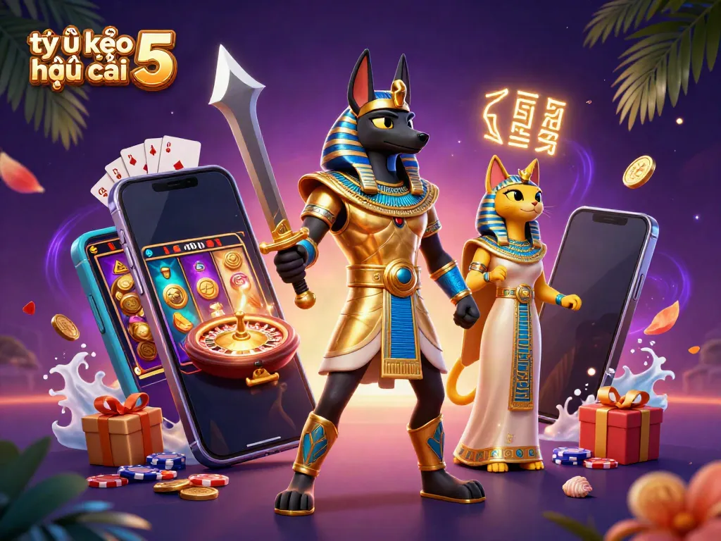 Experience the chance with tỷ lệ kèo nhà cái 5 featuring dynamic gaming action with ancient Egyptian characters and casino elements.